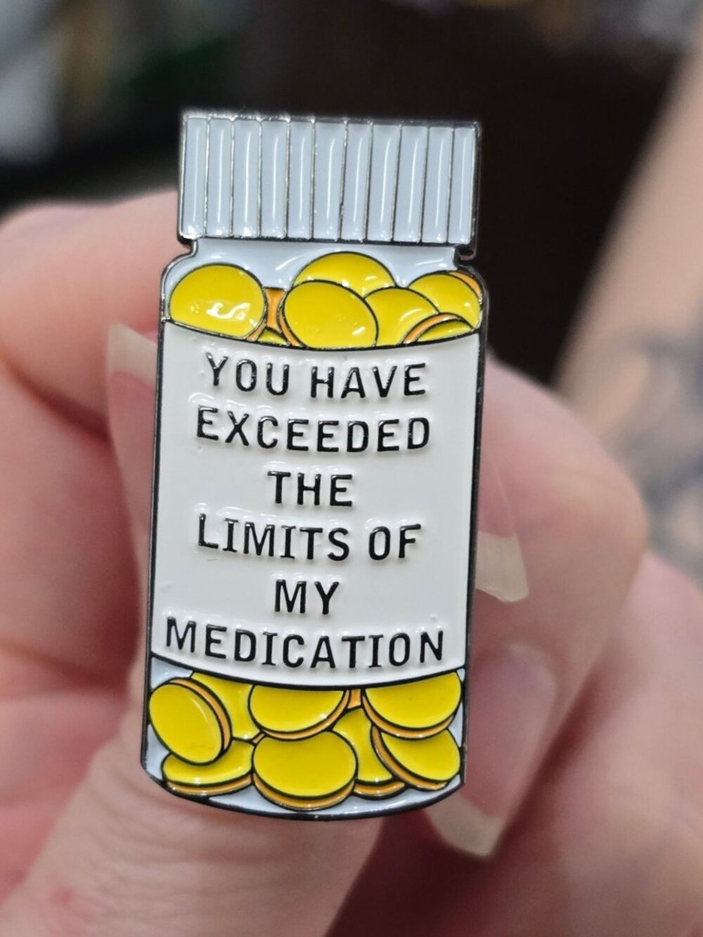 Humor ✦ Medication Bottle Enamel Pin ✦ Yellow White Black Sarcastic Quote Gothic